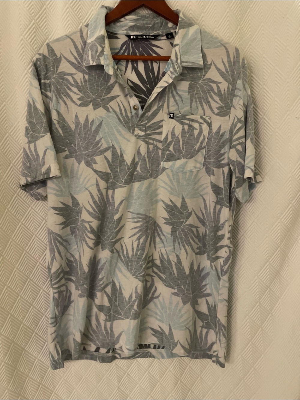 Travis Mathew Men's Pale Blue and Gray Tropical Print Polo Size Large